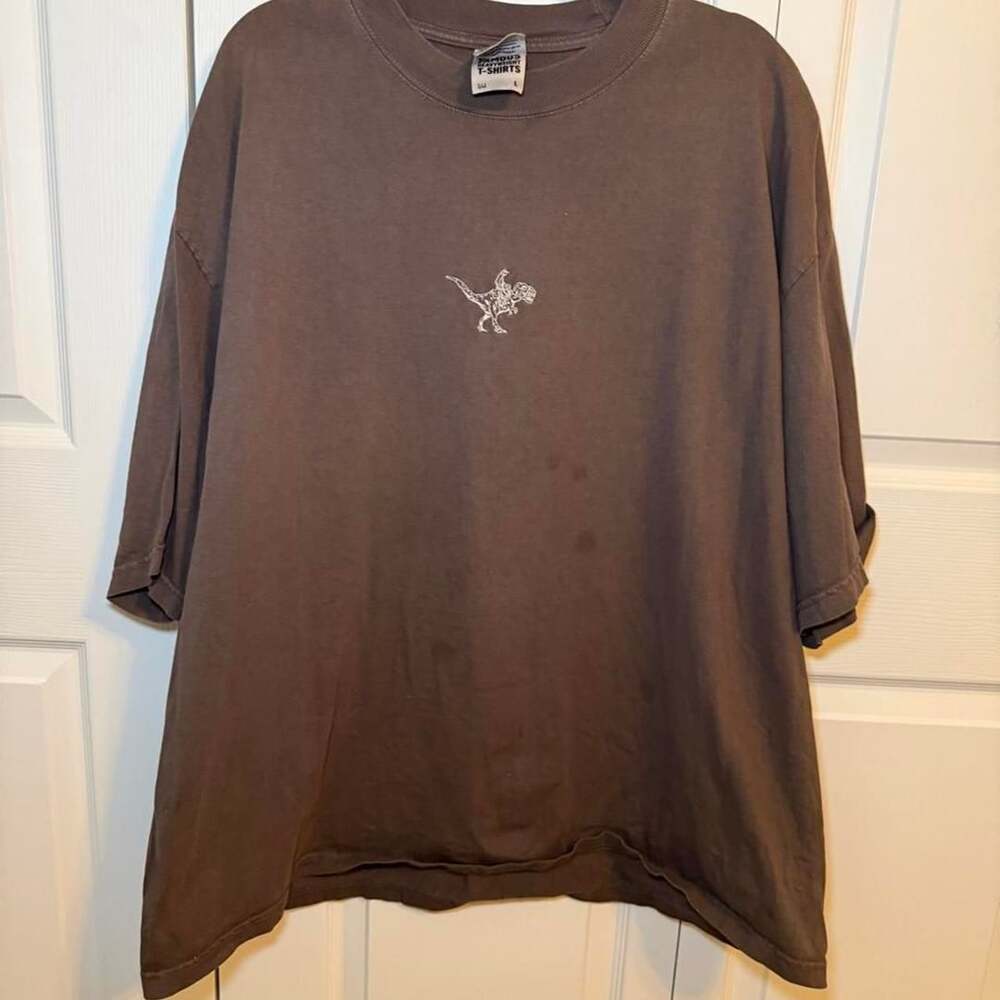 Shaka Wear Drop Shoulder Garment Dye T-Shirt Large Brown Dinosaur Embroidered